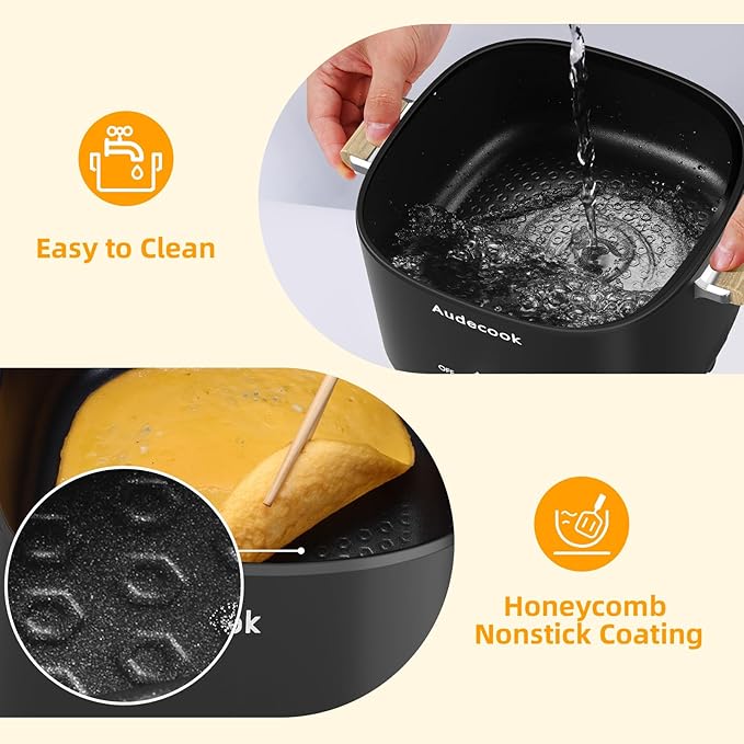 Audecook Hot Pot Electric, 2.5L Portable Nonstick Multicooker for 1-3 Persons, Honeycomb Texture Travel Electric Skillet with Dual Power Temperature Control for Steak/Egg/Noodles/Oatmeal (Black)