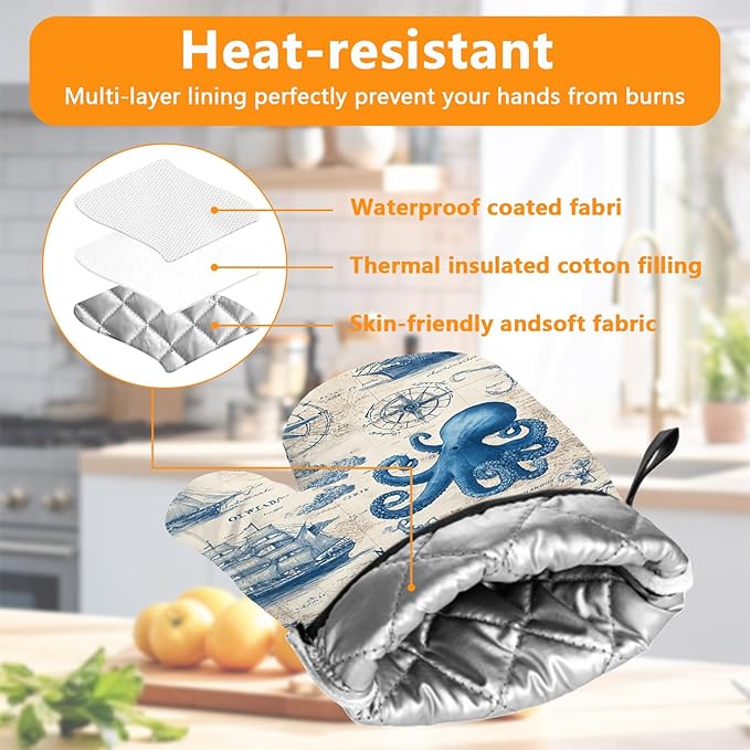 Sea Octopus Compass Oven Mitts and Pot Holders Sets 4Pcs Silicone Non-Slip Mitts Heat Resistant Gloves Hot Pads for Kitchen Cooking Baking Grilling BBQ