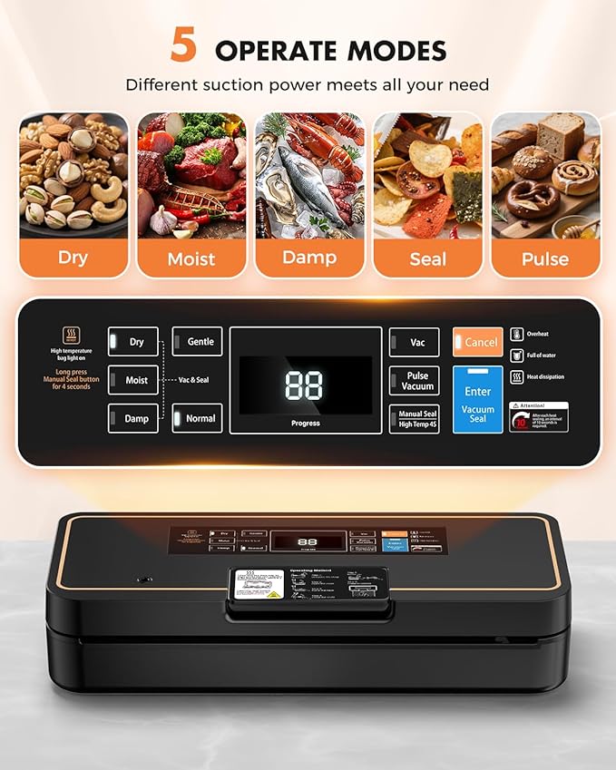 Vacuum Sealer for Food, 95kPa Food Saver Vacuum Sealer Machine, 135W Fast-Sealing with Easy Tear Cutter, Built-in Bag Storage