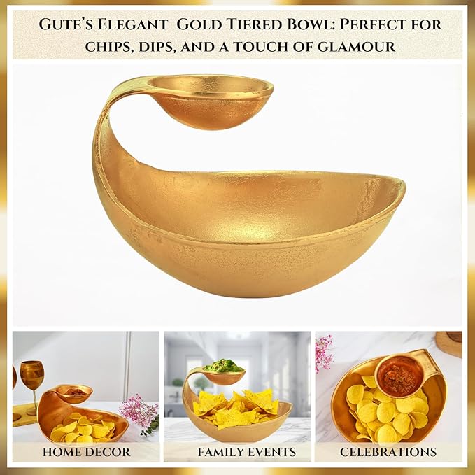 Brass Chip and Dip Serving Bowl Gold Brass Tiered Snack, Candy & Salad Bowl Decorative Centerpiece Serving Platter Nuts, Chip & Dip, Salsas, Tray, Serveware Home Decor Gift Entertaining Centerpiece