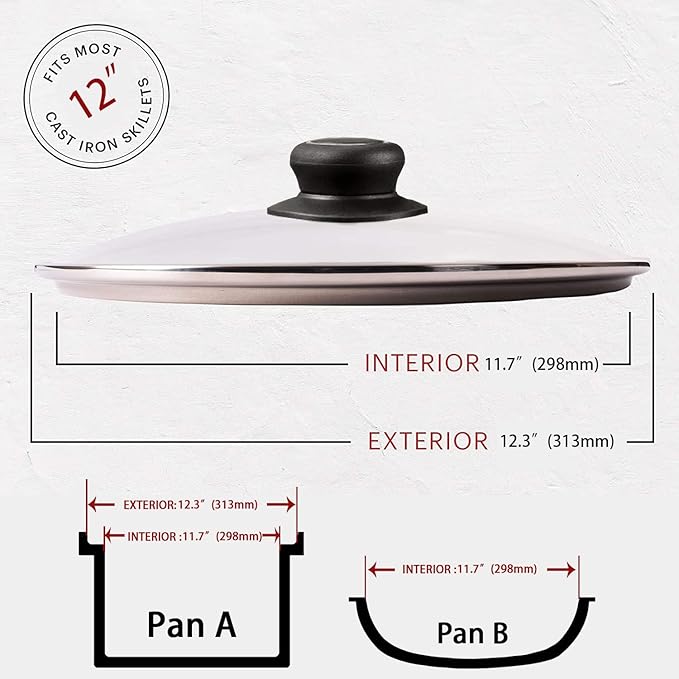 12 Inch Glass Lid for Frying Pan Lid, Pan Lid, Skillet, Pot Cover, Compatible with Lodge Cast Iron Skillet -12" Cover with Heat-Resistant Handle, Clear