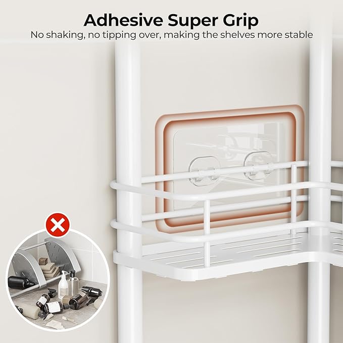 Orimade Rustproof 4 Tier Floor Standing Corner Shower Caddy Organizer with Toothbrush Holder, Large Spacing Floor Shower Shelf Rack Storage Stands with Hooks for Bathroom Kitchen, White