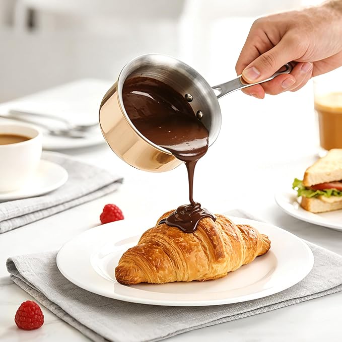 Macevia Mini Sauce Pan with Lid, Stainless Steel Butter Warmer Small Pot, For All Stoves Multipurpose Use for Home Kitchen or Restaurant (10.8oz/320ml) - Rose Gold