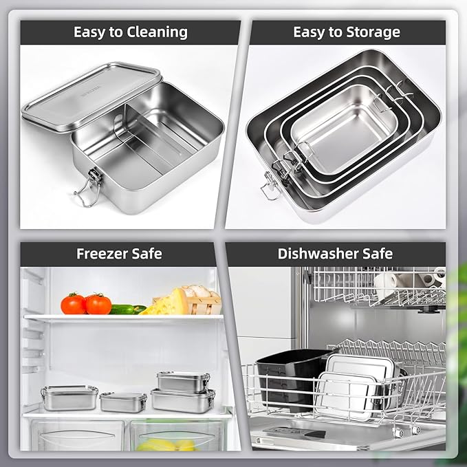 4 PCS Stainless Steel Bento Box 4-Size, Metal Lunch Box, Food Containers, Lunch Container for Home, Work, Camping (550ml+850ml+1400ml+2400ml)
