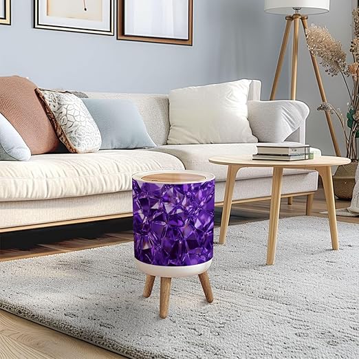 Trash Can with Lid Ultra Violet Crystal Diamond Amethyst Abstract Magic Shiny Dark Purple Press Top Round Small Garbage Bin with Wooden Legs Waste Basket for Kitchen Bedroom Nursery 7L/1.8 Gallon