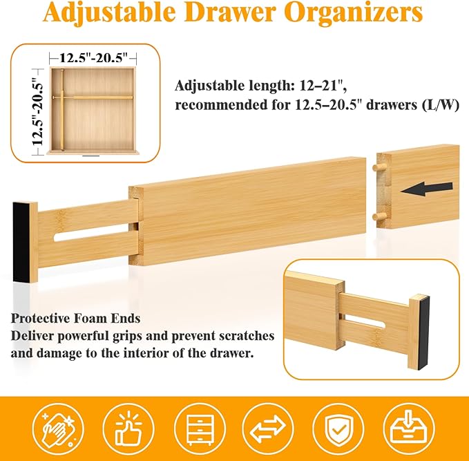 Bamboo Drawer Dividers,12-21" Adjustable Drawer Organizers for Clothes,Expandable Dresser Separators in Kitchen/Bedroom/Bathroom/Vanity/Office Organization and Storage,5-Pack
