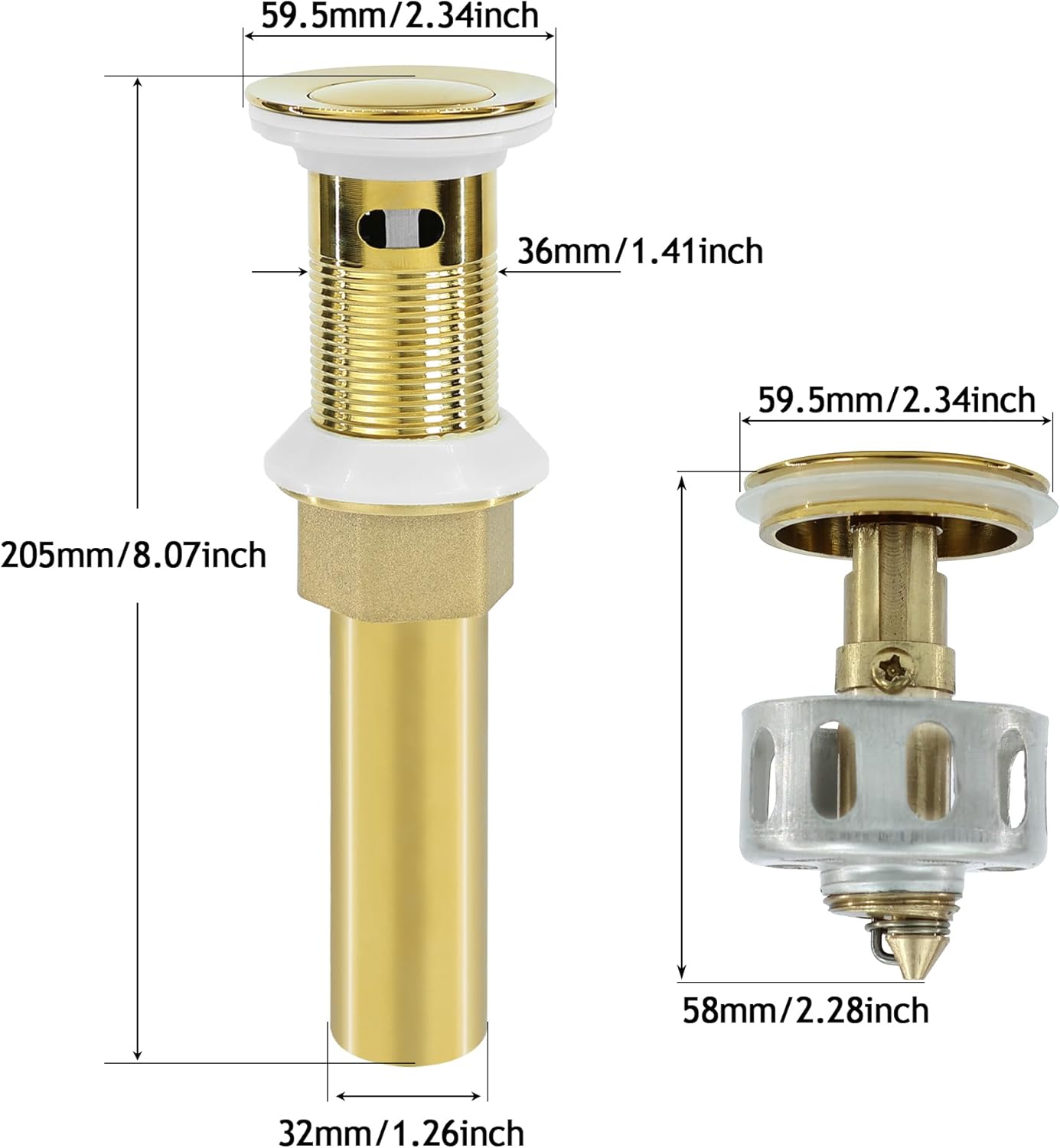 Bathroom Sink Drain,2 Pack Gold Stainless Steel Bathroom Drain Stopper with Overflow,Small Cap Pop Up Drain Assembly with Detachable Strainer Basket,Built-in Anti-Clogging