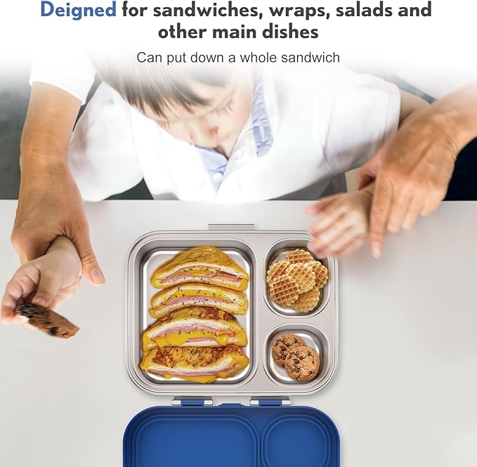 Howeemo Stainless Steel Bento Box Kids, Leak Proof Metal Bento Lunch Box,3 Compartments 304 Stainless Steel Bento Lunch Containers for School and Office, BPA-Free(Blue)