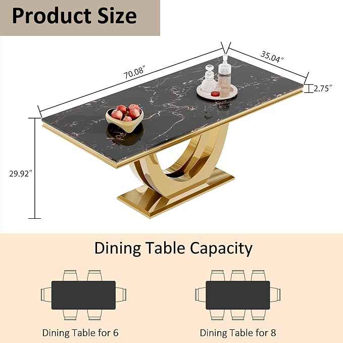 AF ARTISAN FURNITURE Marble Dining Table for 4-8,Black Faux Marble Dining Tables with Gold U-Shaped Mirrored Finish Stainless Steel Base, Marble Kitchen Table for Living Room Home Office