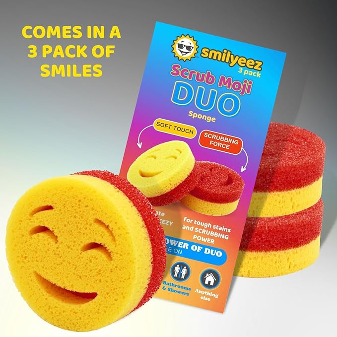 The Original Smiling Handle with Soap Dispensing for Scrub Daddy (Reg. TM) Sponge and Scrub Moji Sponges with Smilyeez Caddy, Dishwand, & 2 Scrub Mojis (White & Grey)