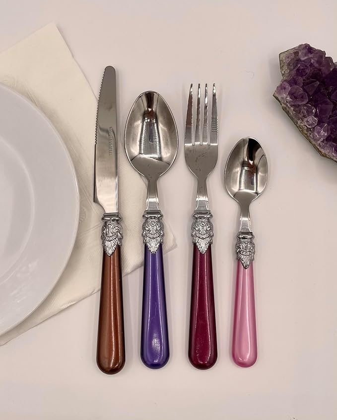 The Original Brink House Gala Mix & Match Stainless Steel Cutlery Set with High-Sheen Baroque Handles / 16 pieces with Metal Stand, Lifestyle utensils set for home, first apartment, dorm, dinner party