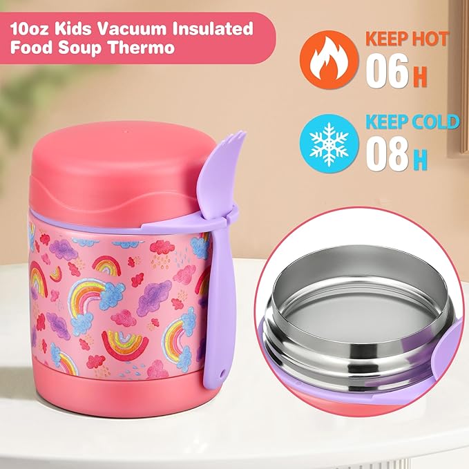 Pawtong Bento Lunch Box Set With 10oz Soup Thermo, Leak-proof Lunch Containers with 4 Compartment, Kids Hot Thermo Food Jar/Insulation Lunch Bag, Food Containers for School（Rainbow）