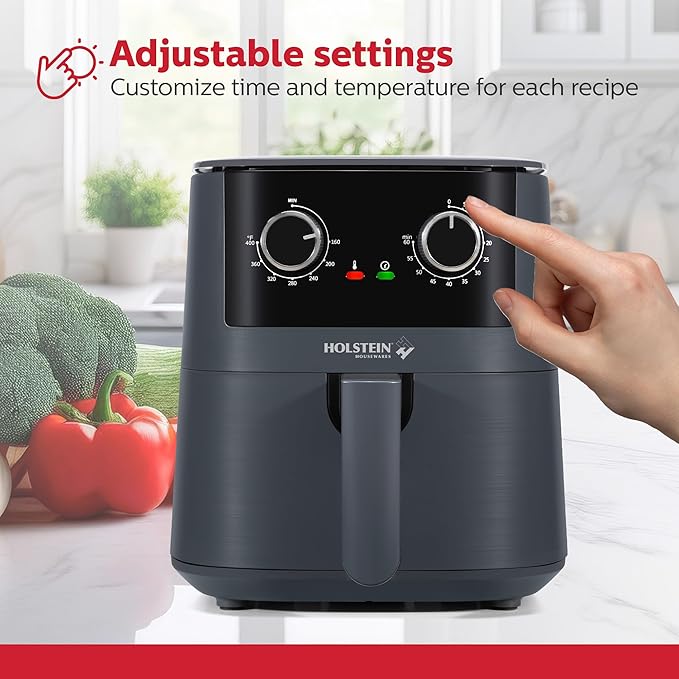 Holstein Housewares 4.4QT Air Fryer. Your All-in-One Culinary Solution. Air fry, roast, bake or grill. Adjustable temperature and time, Hot air technology and Dishwasher Safe, 1400W, Grey