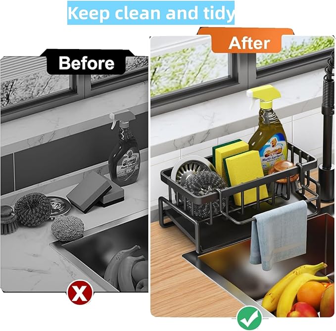 Sponge Holder for Kitchen Sink, Kitchen Sink Caddy Rustproof 304 Stainless Steel Dish Sponge Organizer with Detachable Dishcloth Rack Bathroom Organizer Dish Soap Dispenser Brush Holder Storage