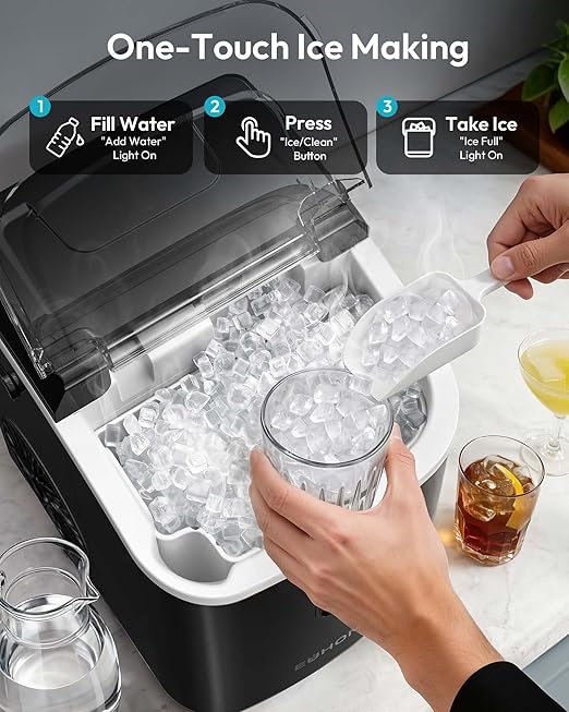 EUHOMY Nugget Ice Maker Countertop with Handle, Ready in 6 Mins, 34lbs Per Day, Removable Top Cover, Self-Cleaning, Portable Sonic Ice Maker with Basket and Scoop, for Home/Party/RV/Camping(Black)