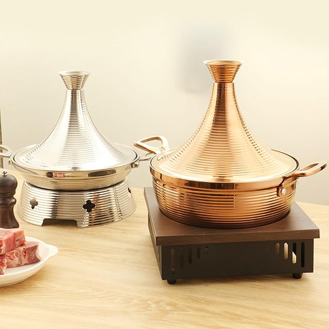 Moroccan Tagine Cooking Pot,Stainless Steel Non Stick Moroccan Casserole with 2 Handles,Large Moroccan Cooker Handmade Tagine Pot with Cone-Shaped Lid(27cm, Silver)