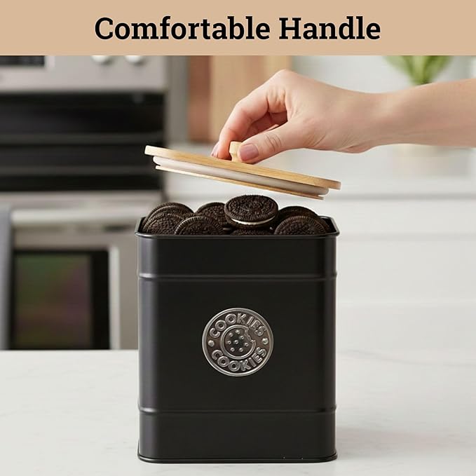 Cookie Jar with Airtight Lid - 1 Gallon - 6"D x 8"H Black Iron Cookie Tin with Bamboo Lid - Large Cookie Jars with Lids Airtight - Farmhouse Cookie Jars for Kitchen Counter Decorative - Cookies Jar