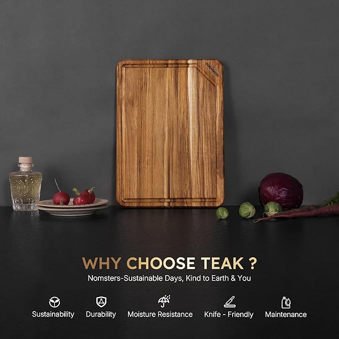 13'' Teak Wood Cutting Board for Kitchen Non Slip Over Sink Charcuterie Board Serving Heavy Duty Non Toxic Wooden Chopping Board Thick Haus Organic Edge Grain Wood House Warming Hostess Host Gift