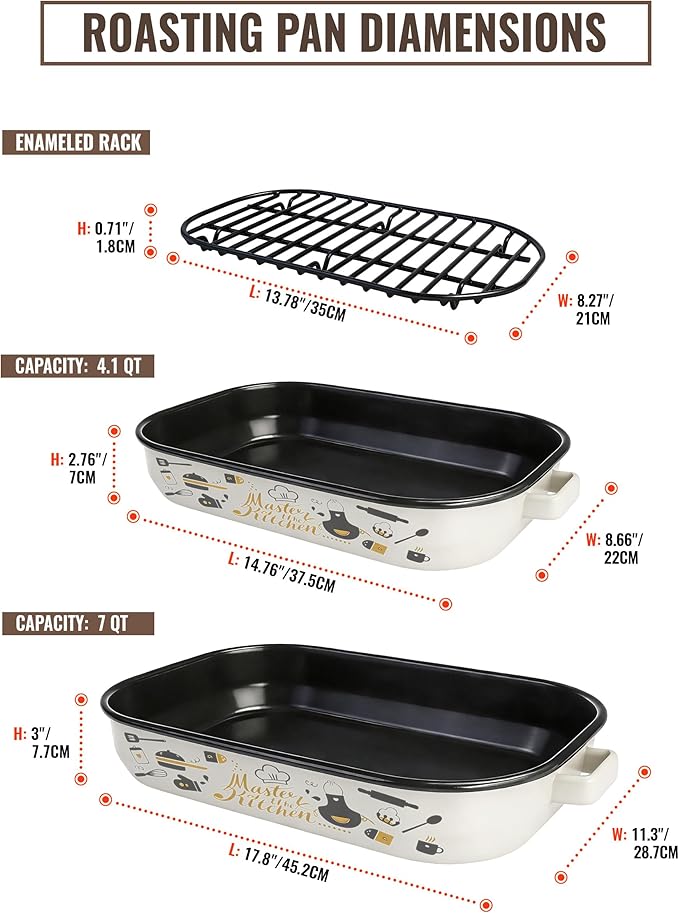 Roasting Pan with Rack & Handle 6-Piece Enamel Lasagna Baking Dish 14&17 Inch, 572°F High Temperature Resistance Dishwasher Safe Non-Stick Easy-To-Clean Steak Roaster Pan for Oven Gift Bakeware