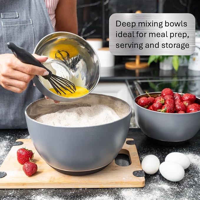 WHYSKO® Stainless Steel Mixing Bowls (Set of 3) with Non-Slip Silicone Base for Kitchen, Dishwasher Safe Bowls for Meal Prep, Cooking, Baking, Serving, Food Storage (Grey)