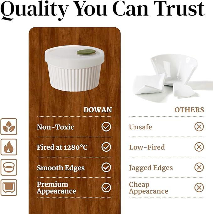 DOWAN Ramekins with lids 6 oz, Creme Brulee Ramiken Oven Safe, Ceramic Baking Bowls Souffle Dishes, Custard Cups Charcuterie Boards Bowls Dipping Sauces, Set of 6, White