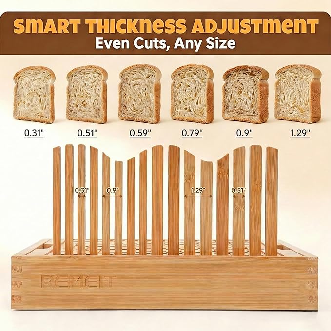 Bread Slicer for Homemade Bread, Adjustable Large Bamboo Sourdough Bread Slicer with Slicing Guide & Crumb Tray, Bread Loaf Cutter for Sourdough, Cakes & Bagels – Baking Gift