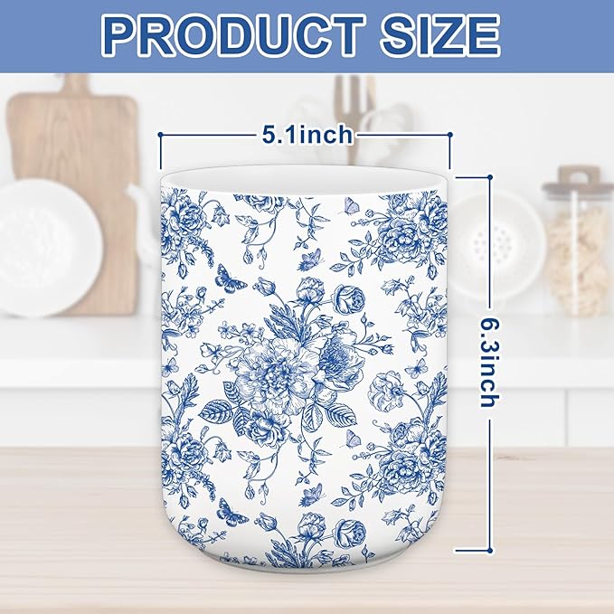 JarThenaAMCS Chinoiserie Floral Ceramic Utensil Holder Blue Flower Butterfly Utensil Crock for Home Kitchen Countertop Storage Organizer Container