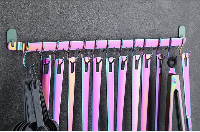 Kyraton Kitchen Utensil Rack, Kitchen Rack With Rainbow Titanium Plating,Rail Rack Organizer for Hanging Knives,Wall Mounted Gourmet Kitchen Rail with 14 Hooks