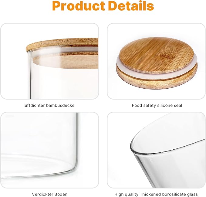 YUNCANG Glass Storage Jars [Set of 5],Clear Glass Food Storage Containers with Airtight Bamboo Lid Stackable Kitchen Canisters for Candy,Cookie,Rice,Sugar,Flour,Pasta,Nuts and Spice Jars(Square)