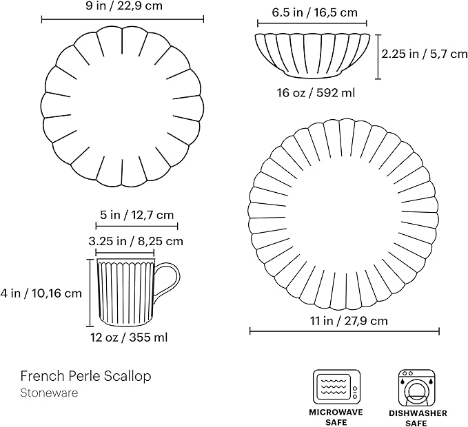 Lenox Dinnerware Set, French Perle Scallop 4-Piece Place Setting, Service For 1, Dinnerware Set, Stoneware, Includes Plates, Bowl, and Mug, Dishwasher And Microwave Safe, Dish Set (White, 4 Piece)