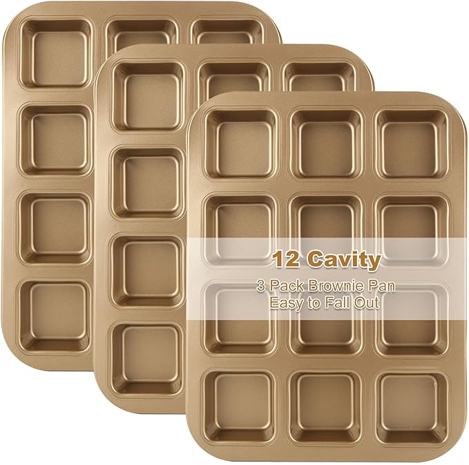 YAYODS 3 Pack Brownie Pan with Dividers 12 Cavity Square Muffin Pans Nonstick All Edges Brownie Pan, Baking Pan for Cornbread, Cupcakes, Tart, Muffin Cakes, Cookie, Bread (Gold)