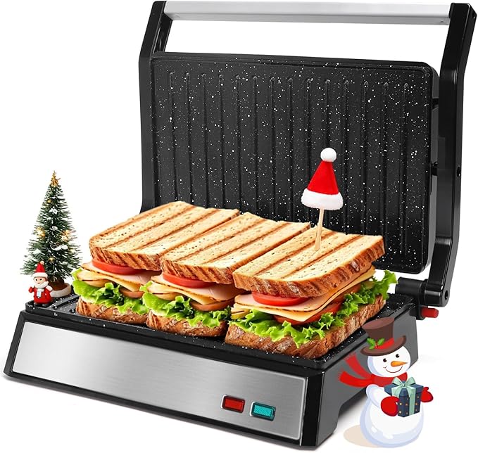 Aigostar Panini Press, 1200W Sandwich Maker and Electric Indoor Grill with Ceramic Non-Stick Coated Plates, Opens 180°to Fit Any Size of Food, Stainless Steel Surface & Removable Drip Tray, Silver