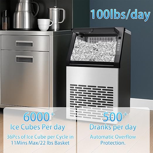 Commercial Ice Machine, 99LBS/Day Stainless Steel Freestanding Large Ice Maker, 36 Cubes in 11Mins, 24H Timer, Self-Cleaning, Ideal for Restaurant, Bars, Home and Offices