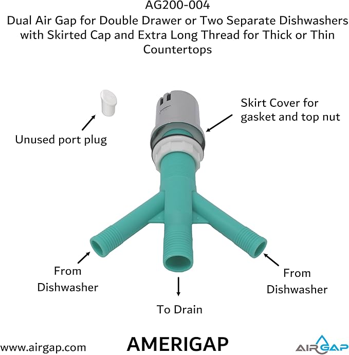 Dual Air Gap for Double Drawer or Two Separate Dishwashers with Skirted Cap and Extra Long Thread for Thick or Thin Countertops (AG200-004, AG200-001, T52, AMERIGAP)