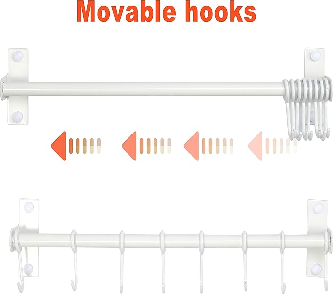 Dseap Kitchen Utensil Holder Hanger, Pot and Pan Rack Wall Mount, Kitchen Rail with 8 Hooks for Hanging Cooking Utensils, Mugs, Spoons, Wall Mounted, Stainless Steel, White