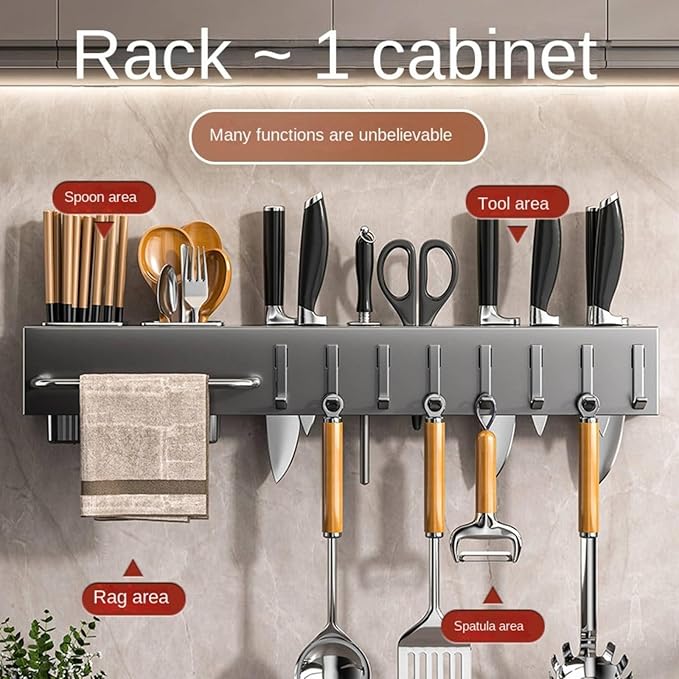 New Multi-Functional Kitchen Rack Home Wall-Mounted Knives Chopstick and Spoon Storage Rack Punch-Free cookware draining Rack, 40, Gray