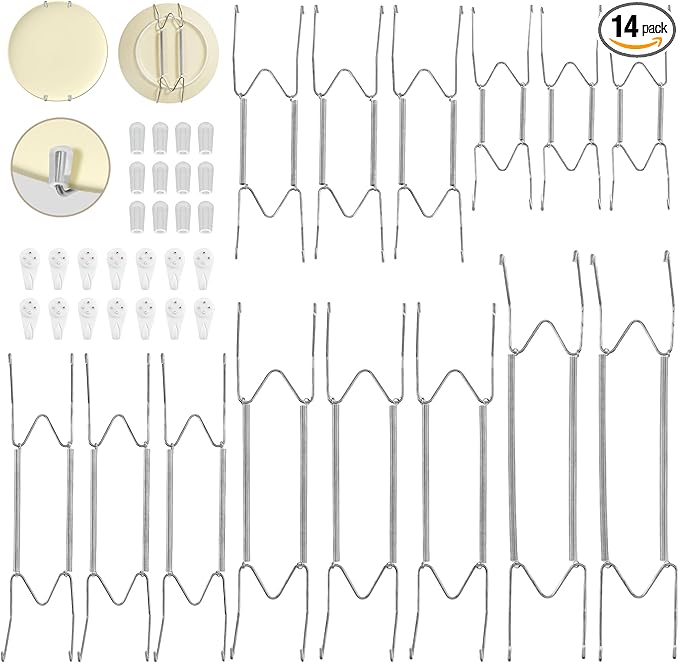 Bilillo 14 Pcs Plate Hangers for the Wall - 8/10/12/14/16 Inch Invisible Plates Hanger, Stainless Steel Plate Holders with 14 Pieces Wall Hooks for 7.5 to 19.5 Inch Decorative Plates and Arts (Silver)