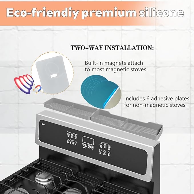 30 Inch Magnetic Silicone Stove Top Shelf, Heat Resistant Spice Rack for Kitchen, Space Saving Organizer with 6 Sticky Pads, Fits Back of Stove(Light Grey 30''x3.8'')
