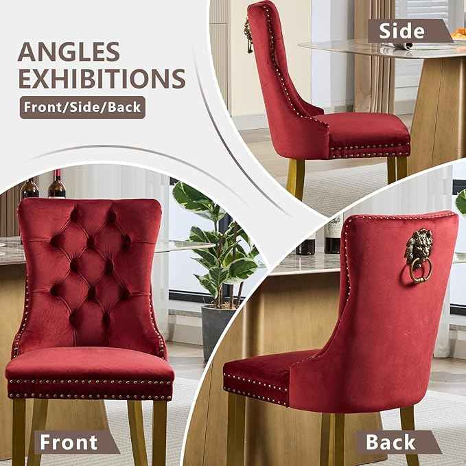 Velvet Dining Chairs Set of 2, Modern Tufted Dining Room Chair, Upholstered Dining Chairs with Lion Head Pulls Ring and Golden Solid Wood Legs, Luxury Kitchen Chairs for Dining Room, Burgundy