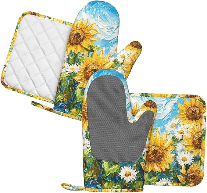 Oven Mitts and Pot Holders Sunflower Daisy Flower Art Silicone Kitchen Accessories Set of 4 Heat Resistant Long Gloves Potholder Non-Slip Grip for Chef Cooking Baking Grilling BBQ