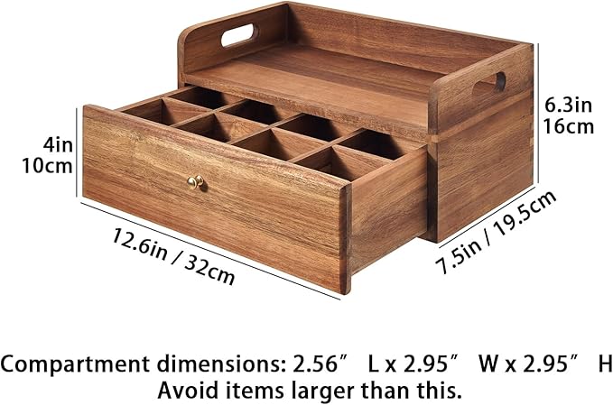 Acacia Wood Tea Bag Organizer with Drawer - Tea Station Chest and Storage Box, Coffee and Teabag Holder with 8 Compartments, Containers and Boxes for Countertop Display