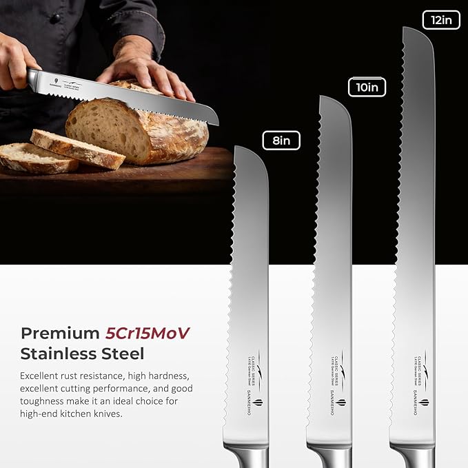 8" Bread Knife - Sourdough Cake Knife Professional 5Cr15MoV Stainless Steel Serrated Knives, Ergonomic Wood Handle & Full Tang Design, Gift Box Included(Single-Edge)