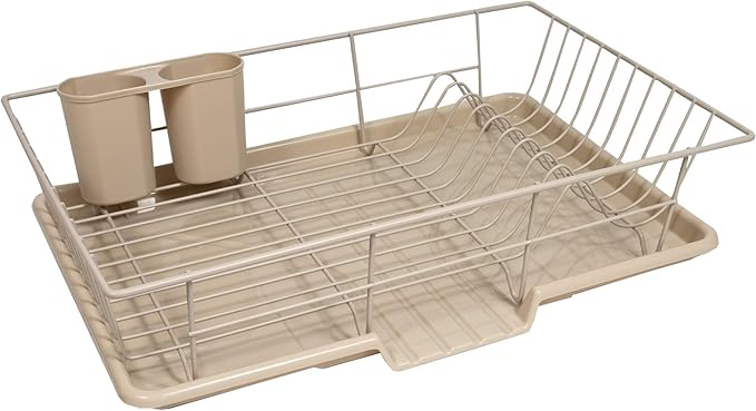 Sweet Home Collection Metal, Plasic 3 Piece Dish Drainer Rack Set with Drying Board and Utensil Holder, 17" x 12" x 5", Beige