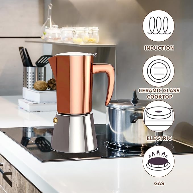Moka Pot Espresso, Stainless Steel Italian Coffee Maker Stovetop Espresso Maker for Camping or Home Use, Induction Moka Pot 6 Cups (10oz/300ml), Black