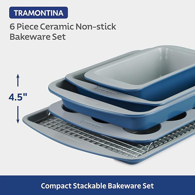 Tramontina Rise 6-Piece Ceramic Baking Pans Set, Non stick Essential Bakeware for Cookies, Loafs, Cakes, Brownies and Muffins