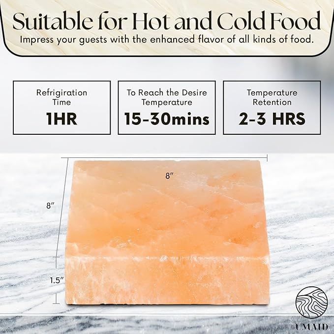 UMAID Himalayan Salt Block Cooking Plate 8x8x1.5 for Cooking, Grilling, Cutting and Serving, Food Grade Rock Salt Stone On Steel Tray with Recipe Pamphlet Unique Gifts for Men, Women, Dads & Cooks