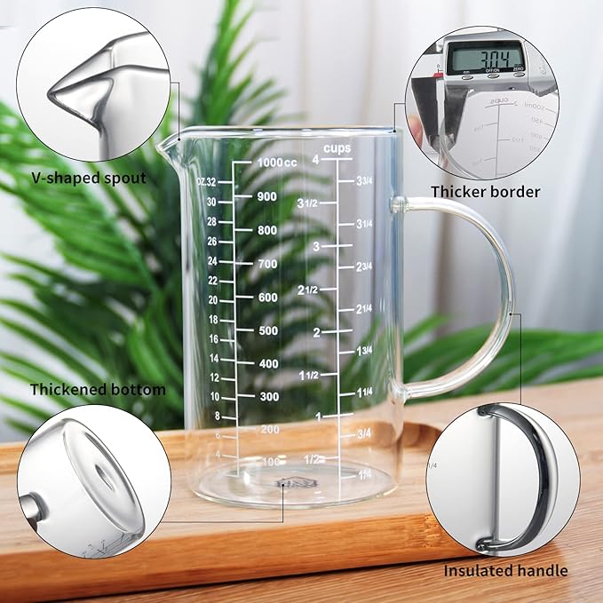 77L Glass Measuring Cup, [Insulated handle, V-Shaped Spout], High Borosilicate Glass Measuring Cup for Kitchen or Restaurant, Easy To Read, 1000 ML (1 Liter, 4 Cup)