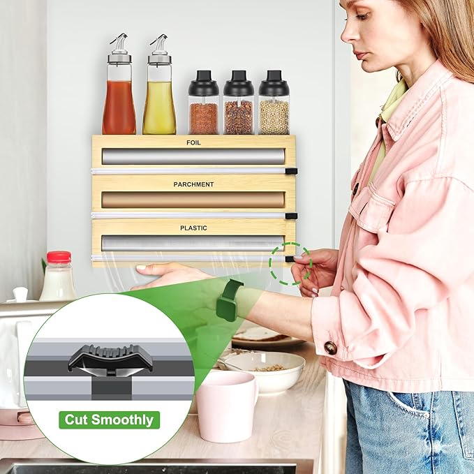 Magnetic Plastic Wrap Dispenser with Cutter, 3 in 1 Refrigerator Bamboo Organizer for Tin Foil, Baking Paper, Wax Paper Holder Kitchen Storage Box Compatible