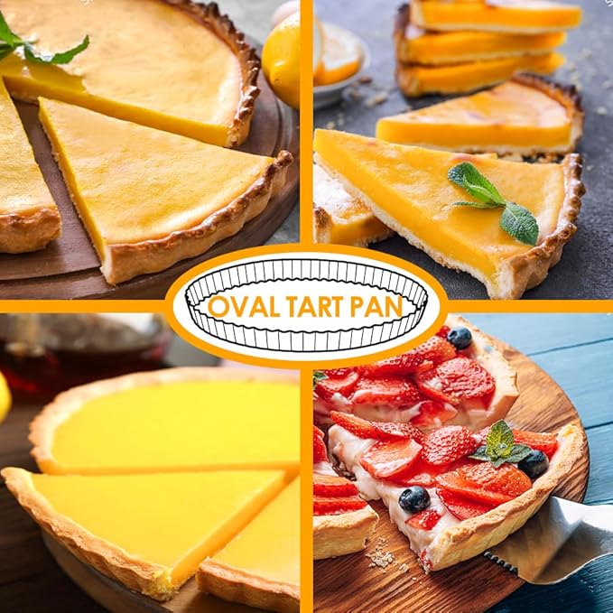 Tart Pan 10 Inch Oval Quiche Pan, Carbon Steel Pie Pans with Oil&Dish Brush Non-Stick Quiche Tart Pan with Removable Bottom for Tarts, Pies, Mousse Cakes and Desserts