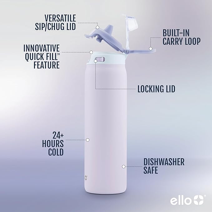Ello Pop & Fill 22oz Stainless Steel Water Bottle with Quick Fill Technology, Double Walled and Vacuum Insulated Metal, Leak Proof Locking Lid, Sip and Chug, Reusable, BPA Free, Aurora (Pack of 6)